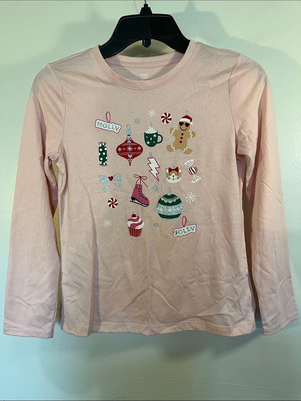 Holiday Time Pink Long-Sleeve Kids Tee with Festive Icons